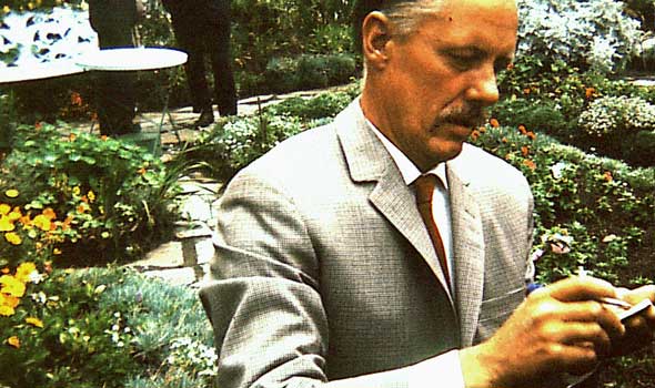 Robert Manry in garden at The Greenbank Hotel, Falmouth, England