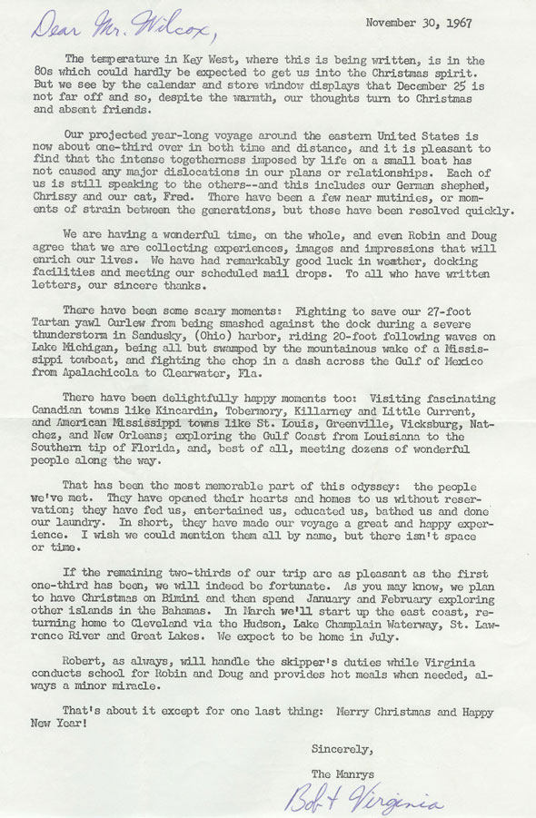Robert Manry's family Christmas letter, 1967