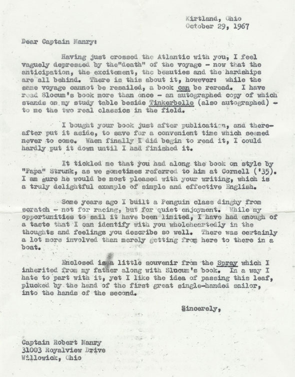 Letter referring to Captain Joshua Slocum and Captain Robert Manry