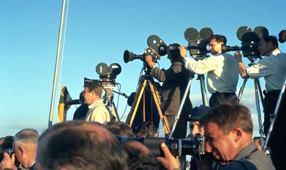 News crews focusing on the excitement of Tinkerbelle's arrival at Falmouth, England.
